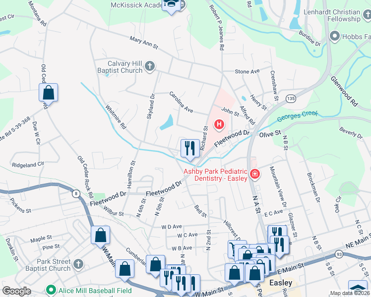map of restaurants, bars, coffee shops, grocery stores, and more near 115 Whitmire Road in Easley