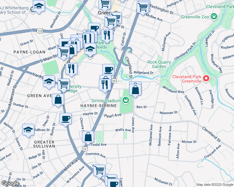 map of restaurants, bars, coffee shops, grocery stores, and more near 823 South Church Street in Greenville