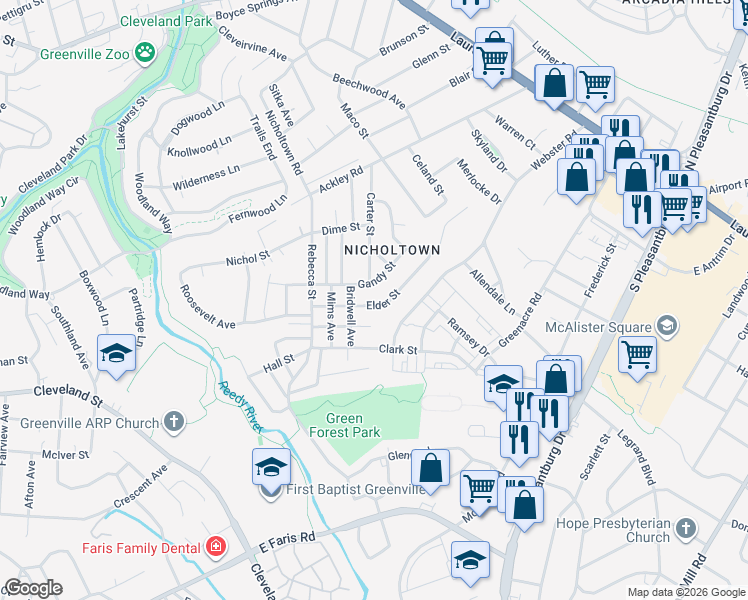 map of restaurants, bars, coffee shops, grocery stores, and more near 214 Elder Street in Greenville
