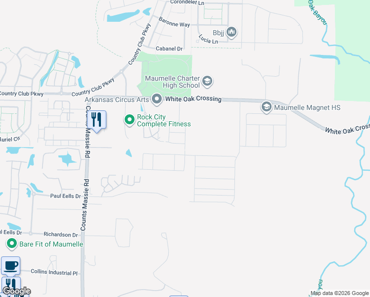 map of restaurants, bars, coffee shops, grocery stores, and more near Fitzgerald Lane in North Little Rock