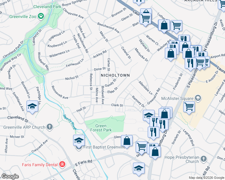 map of restaurants, bars, coffee shops, grocery stores, and more near 214 Elder Street in Greenville