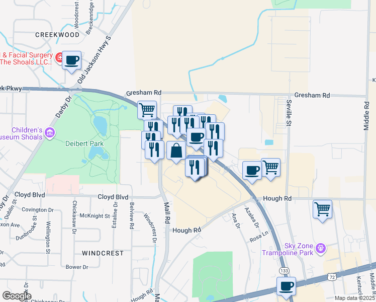 map of restaurants, bars, coffee shops, grocery stores, and more near 357 Cox Creek Parkway in Florence