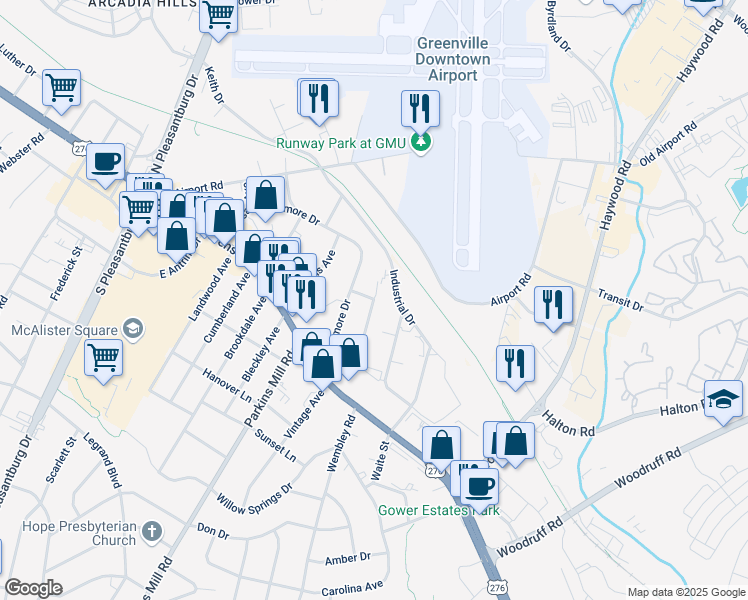 map of restaurants, bars, coffee shops, grocery stores, and more near 205 Ridgeway Drive in Greenville