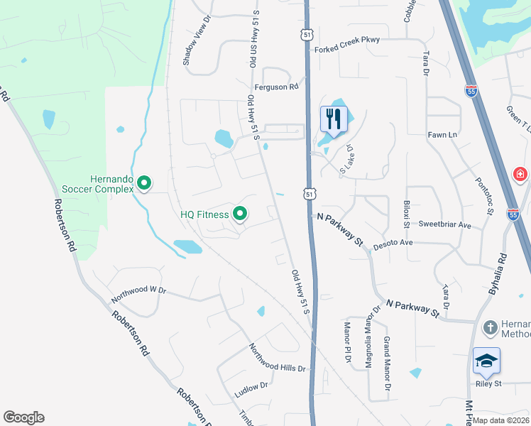 map of restaurants, bars, coffee shops, grocery stores, and more near 516 Whitfield Drive in Hernando