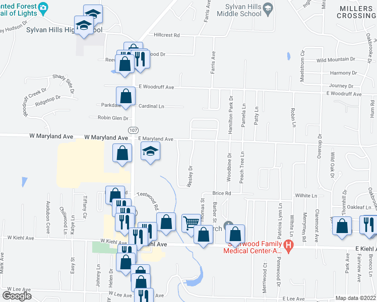 map of restaurants, bars, coffee shops, grocery stores, and more near 52 Wesley Drive in Sherwood