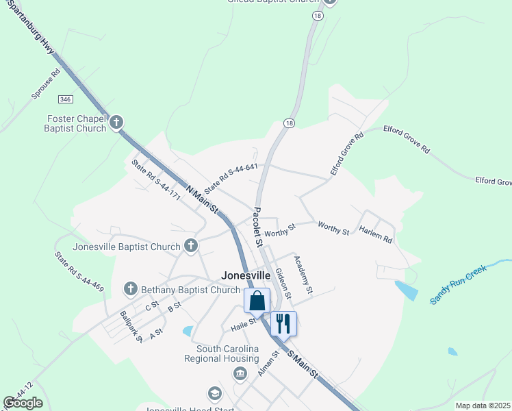 map of restaurants, bars, coffee shops, grocery stores, and more near 415 Pacolet Street in Jonesville