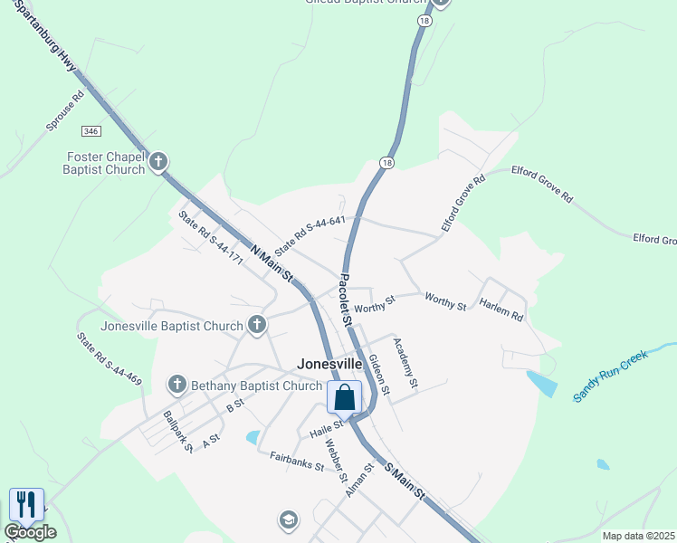 map of restaurants, bars, coffee shops, grocery stores, and more near 415 Pacolet Street in Jonesville