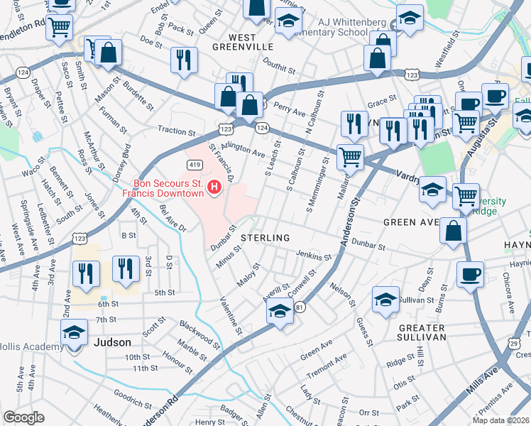 map of restaurants, bars, coffee shops, grocery stores, and more near in Greenville