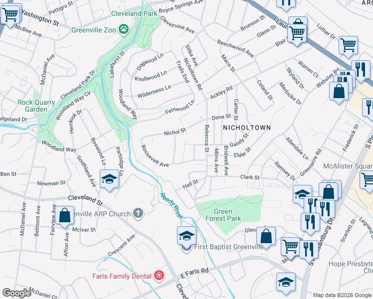 map of restaurants, bars, coffee shops, grocery stores, and more near 20 Sumlar Drive in Greenville