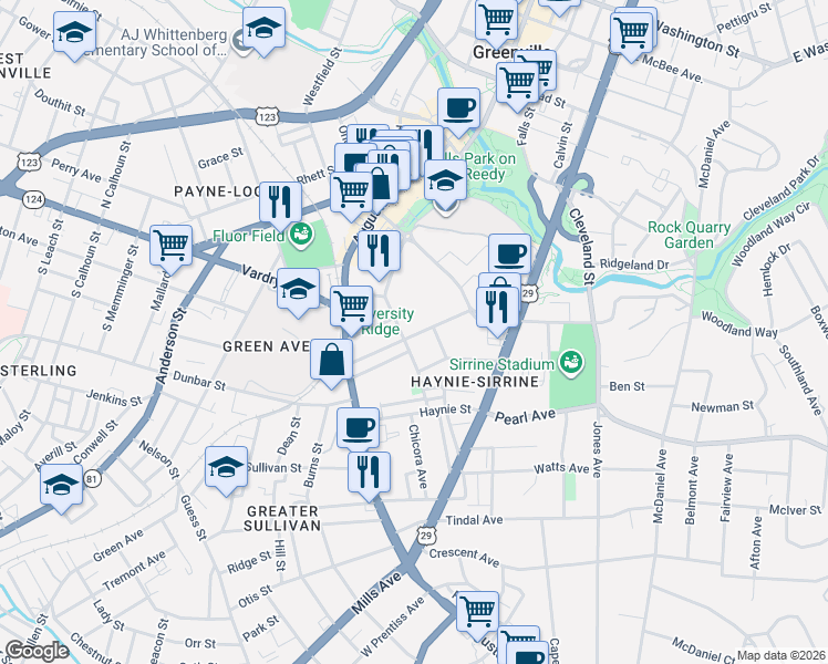map of restaurants, bars, coffee shops, grocery stores, and more near 49 Thruston Street in Greenville