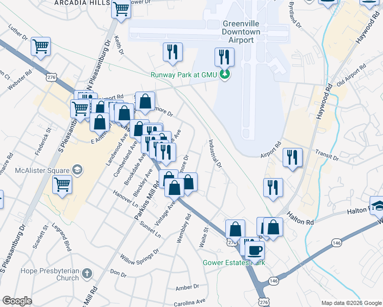 map of restaurants, bars, coffee shops, grocery stores, and more near 121 Ridgeway Drive in Greenville
