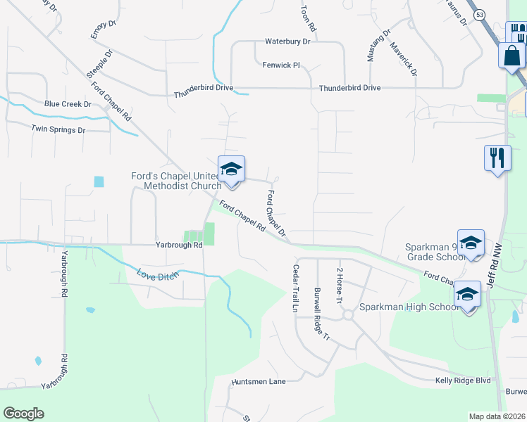 map of restaurants, bars, coffee shops, grocery stores, and more near 154 Ford Chapel Drive in Harvest
