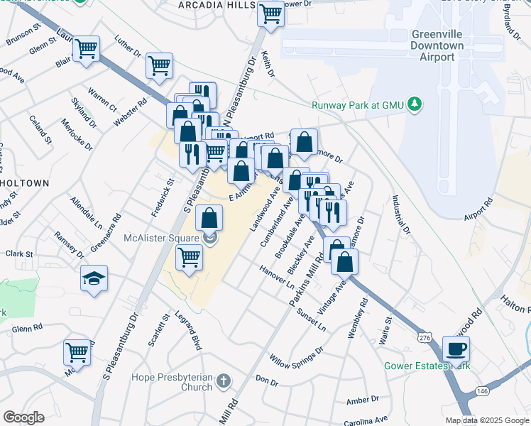 map of restaurants, bars, coffee shops, grocery stores, and more near 101 Landwood Avenue in Greenville