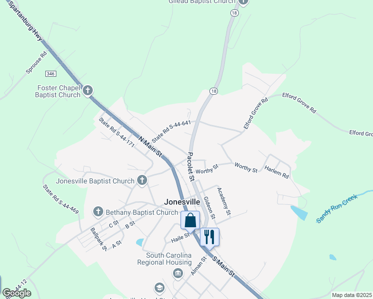 map of restaurants, bars, coffee shops, grocery stores, and more near 415 Pacolet Street in Jonesville