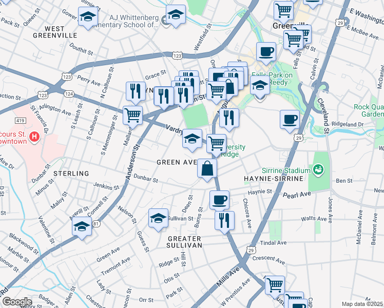 map of restaurants, bars, coffee shops, grocery stores, and more near 1 Vardry Street in Greenville