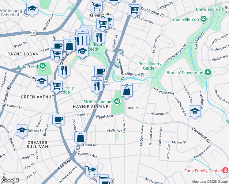 map of restaurants, bars, coffee shops, grocery stores, and more near 9 Briar Street in Greenville