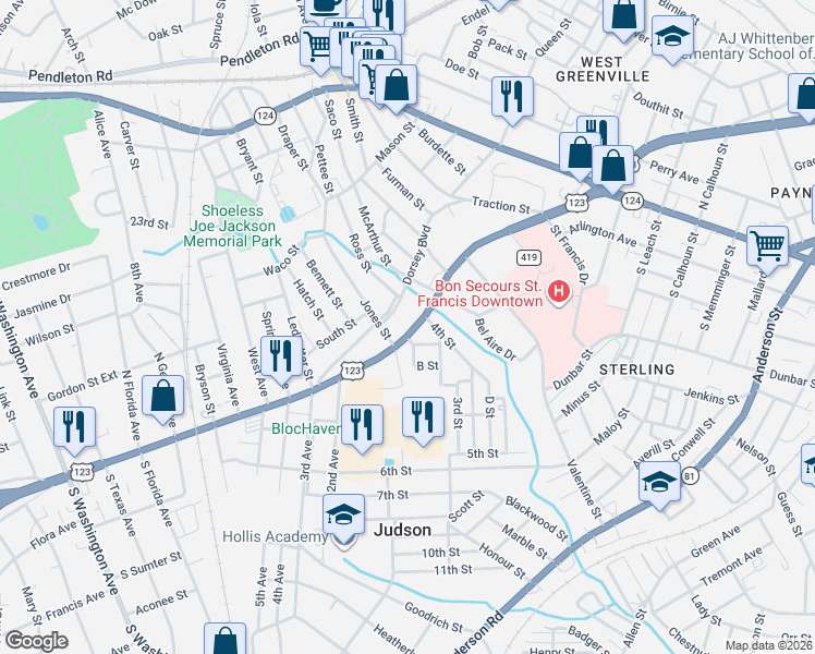 map of restaurants, bars, coffee shops, grocery stores, and more near 9926 Easley Bridge Road in Greenville