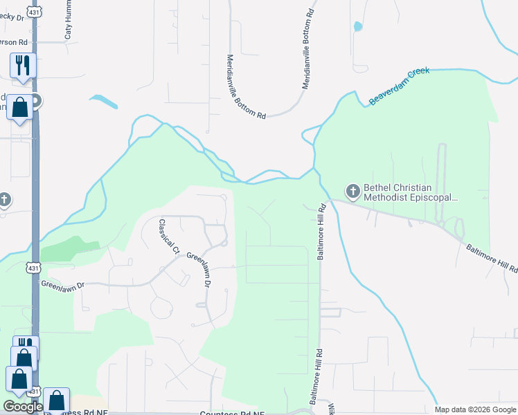 map of restaurants, bars, coffee shops, grocery stores, and more near 128 Pavilion Drive in Meridianville