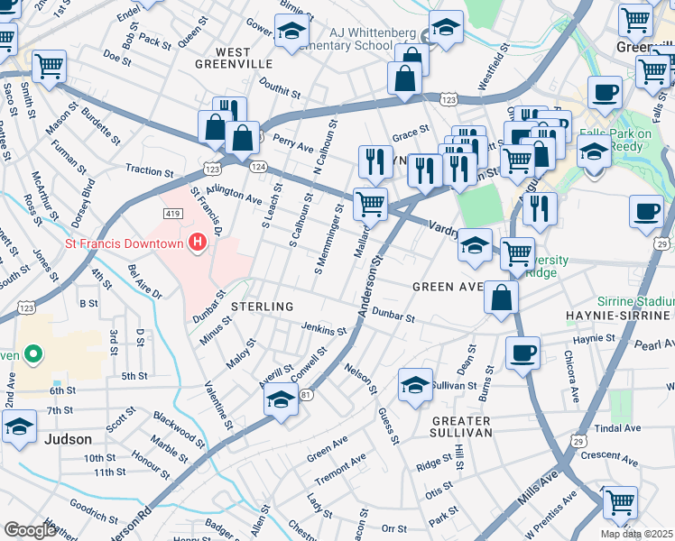 map of restaurants, bars, coffee shops, grocery stores, and more near 124 Mallard Street in Greenville