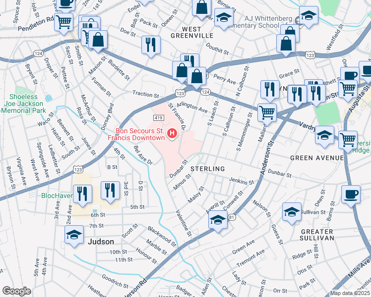 map of restaurants, bars, coffee shops, grocery stores, and more near 317 Saint Francis Drive in Greenville