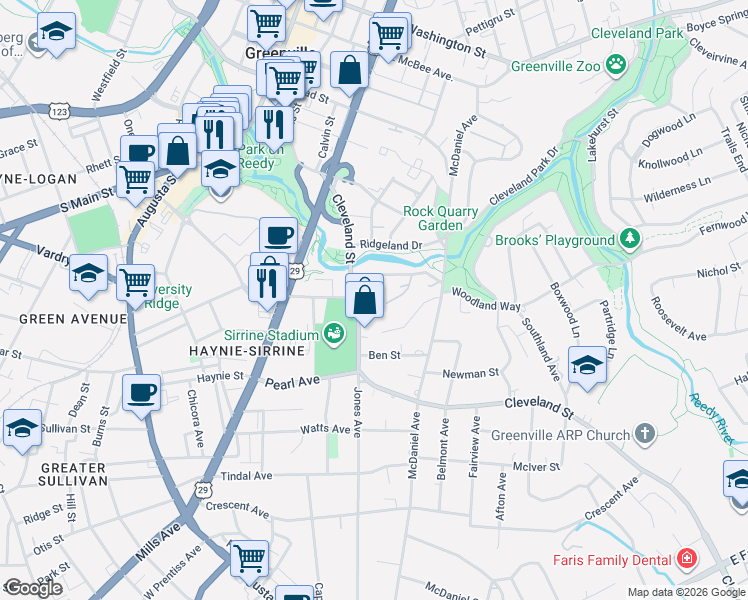 map of restaurants, bars, coffee shops, grocery stores, and more near 87 Cleveland Street in Greenville