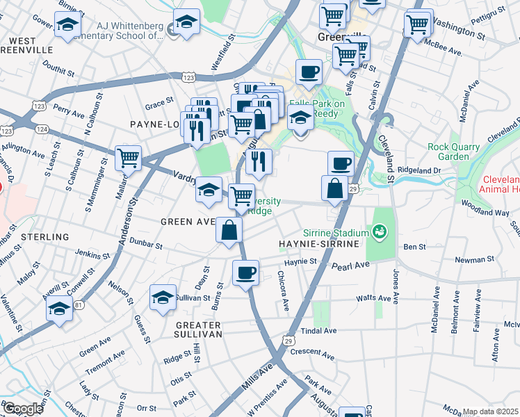 map of restaurants, bars, coffee shops, grocery stores, and more near 12 Bradshaw Street in Greenville