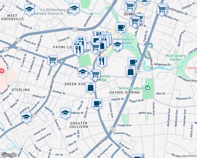 map of restaurants, bars, coffee shops, grocery stores, and more near 12 Bradshaw Street in Greenville