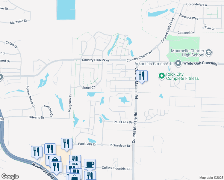 map of restaurants, bars, coffee shops, grocery stores, and more near 10900 Frenchmen Loop in North Little Rock