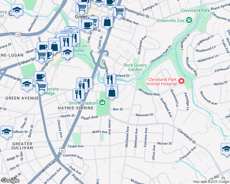 map of restaurants, bars, coffee shops, grocery stores, and more near 87 Cleveland Street in Greenville