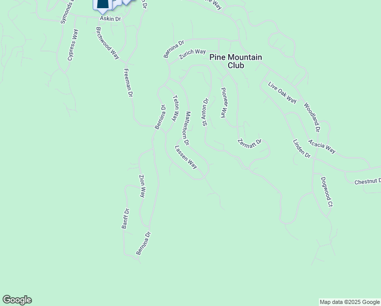 map of restaurants, bars, coffee shops, grocery stores, and more near 1725 Matterhorn Drive in Pine Mountain Club