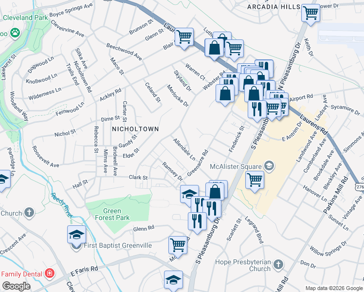 map of restaurants, bars, coffee shops, grocery stores, and more near 14 Cloverdale Lane in Greenville
