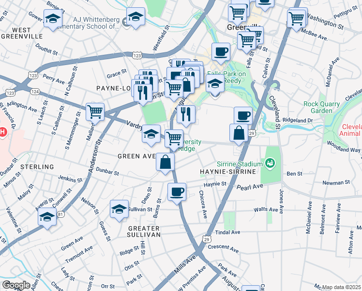 map of restaurants, bars, coffee shops, grocery stores, and more near 12 Bradshaw Street in Greenville
