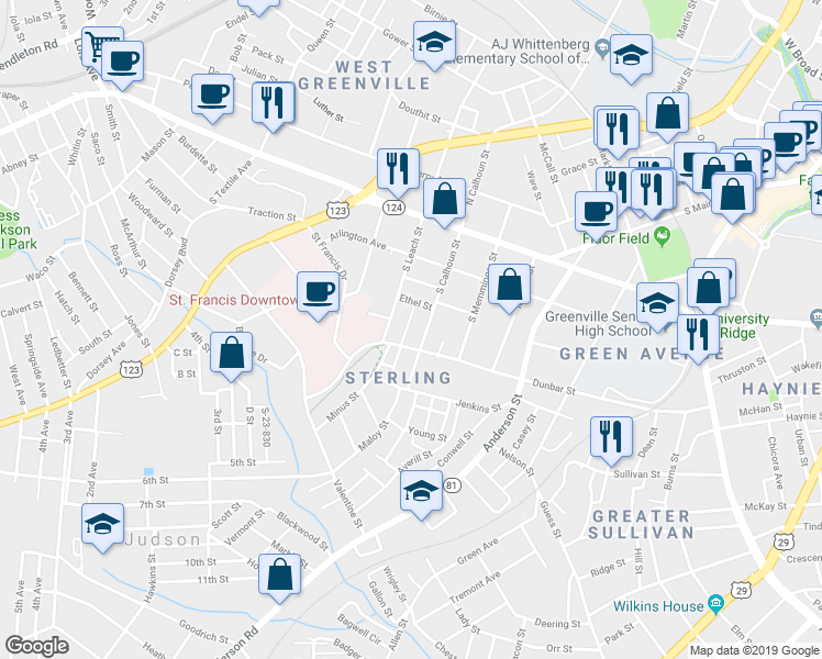 map of restaurants, bars, coffee shops, grocery stores, and more near 5 Ethel Street in Greenville