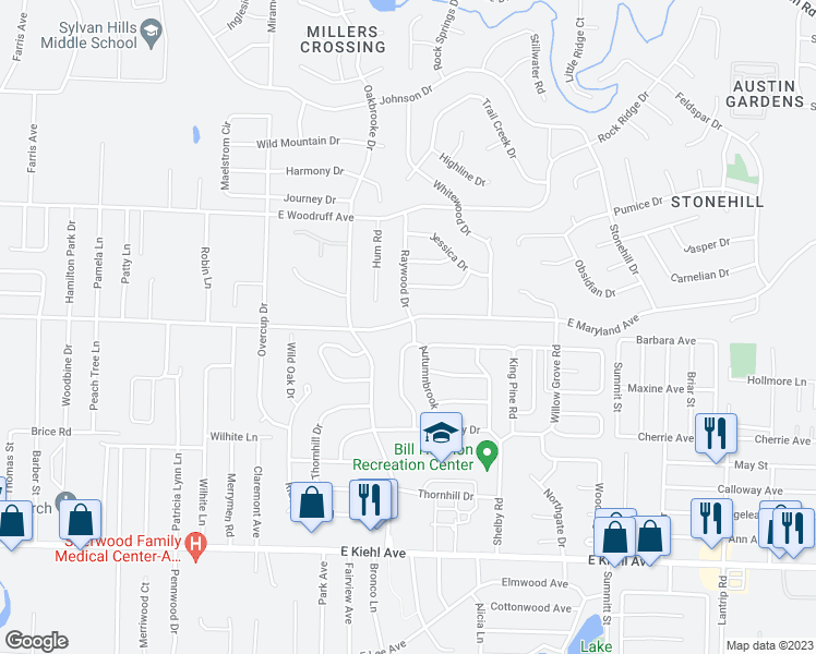 map of restaurants, bars, coffee shops, grocery stores, and more near 101 Raywood Drive in Sherwood