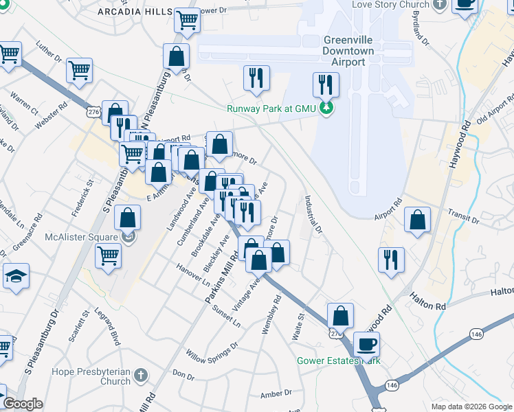 map of restaurants, bars, coffee shops, grocery stores, and more near 32 Simmons Avenue in Greenville