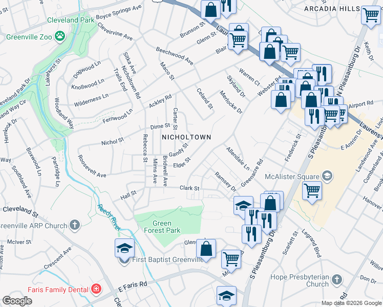map of restaurants, bars, coffee shops, grocery stores, and more near 239 Elder Street in Greenville