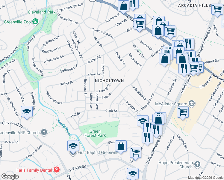 map of restaurants, bars, coffee shops, grocery stores, and more near 239 Elder Street in Greenville