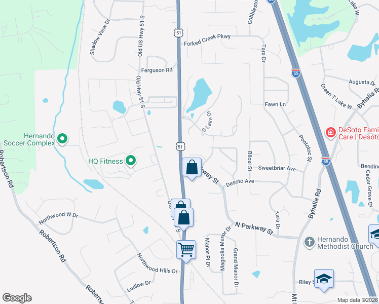 map of restaurants, bars, coffee shops, grocery stores, and more near 1340 Highway 51 South in Hernando