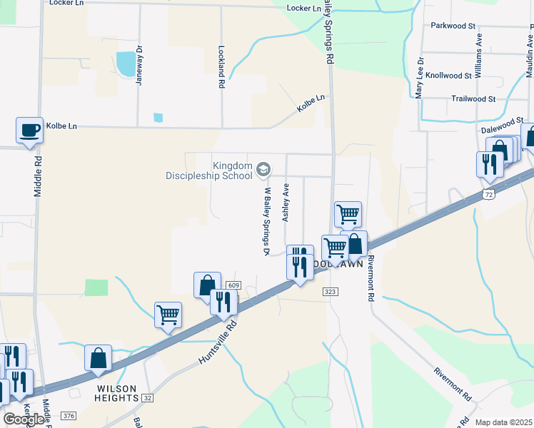 map of restaurants, bars, coffee shops, grocery stores, and more near 200 West Bailey Springs Drive in Florence