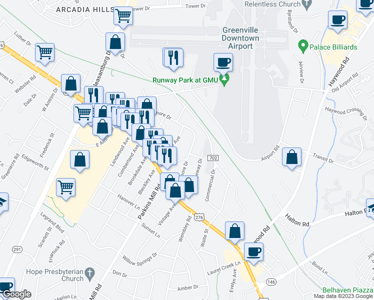 map of restaurants, bars, coffee shops, grocery stores, and more near 103 Sycamore Drive in Greenville
