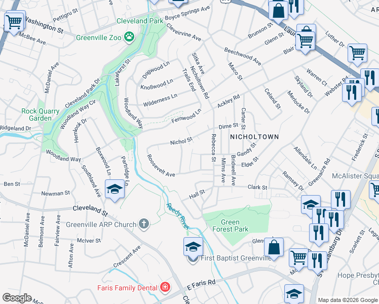 map of restaurants, bars, coffee shops, grocery stores, and more near 225 Nichol Street in Greenville