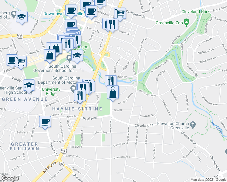 map of restaurants, bars, coffee shops, grocery stores, and more near 87 Cleveland Street in Greenville