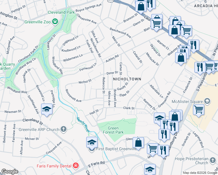 map of restaurants, bars, coffee shops, grocery stores, and more near 13 Chaney Street in Greenville