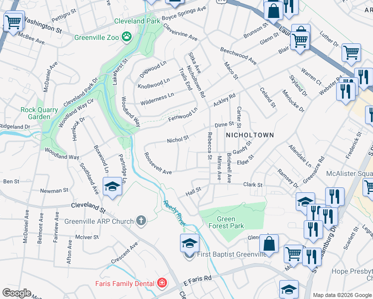 map of restaurants, bars, coffee shops, grocery stores, and more near 225 Nichol Street in Greenville