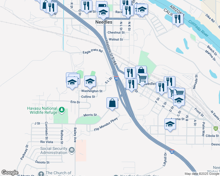 map of restaurants, bars, coffee shops, grocery stores, and more near 1417 Highland Avenue in Needles