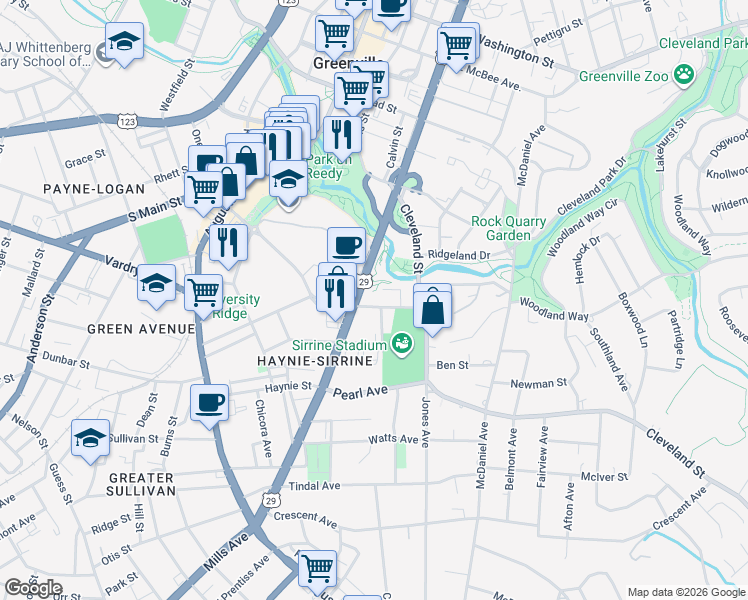 map of restaurants, bars, coffee shops, grocery stores, and more near 411 University Ridge in Greenville