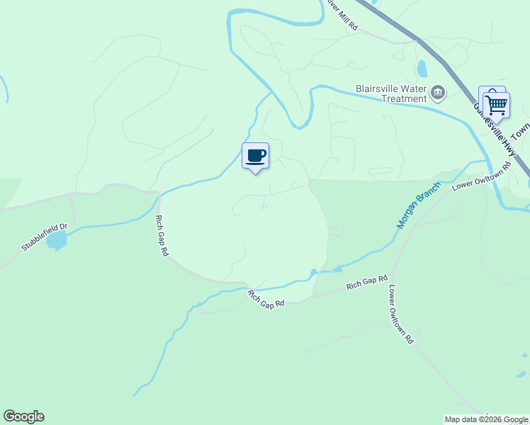 map of restaurants, bars, coffee shops, grocery stores, and more near 123 Victoria Drive in Blairsville