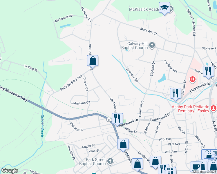 map of restaurants, bars, coffee shops, grocery stores, and more near 254 Old Cedar Rock Road in Easley