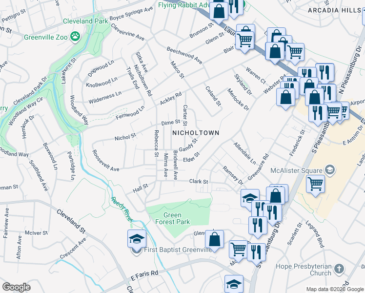 map of restaurants, bars, coffee shops, grocery stores, and more near 210 Carter Street in Greenville