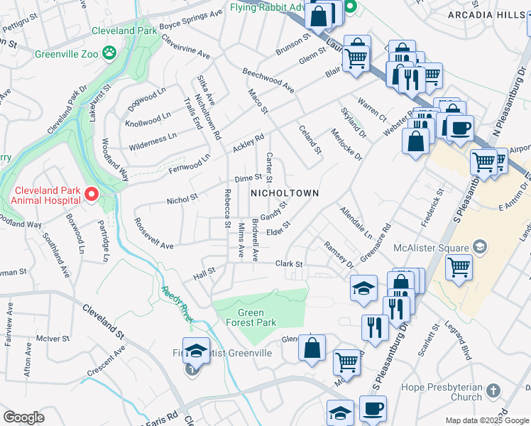 map of restaurants, bars, coffee shops, grocery stores, and more near in Greenville